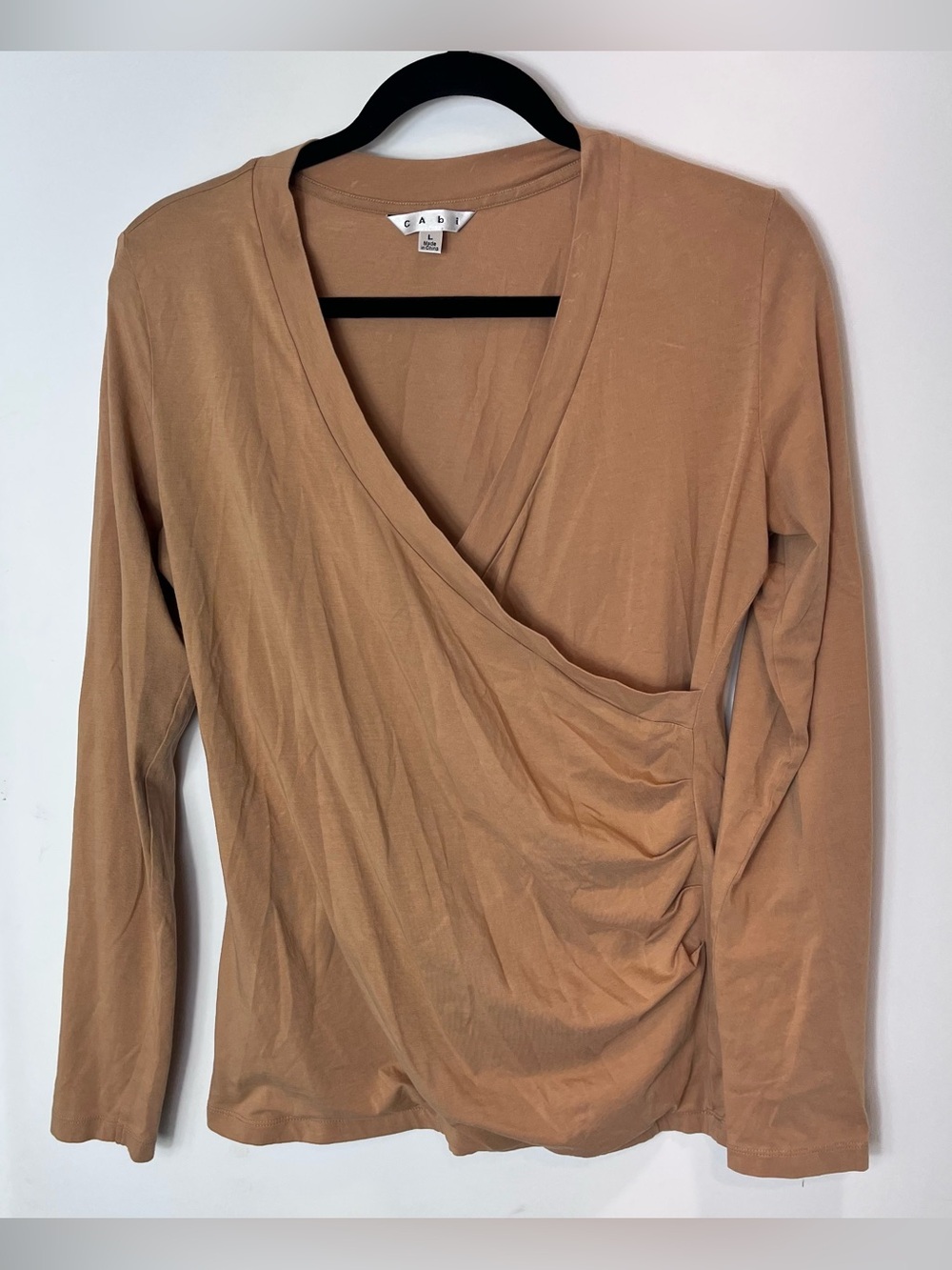 Cabi Wrap Long Sleeve Blouse‎ Tan Large 790 Stretchy Lagenlook Layer Art Teacher